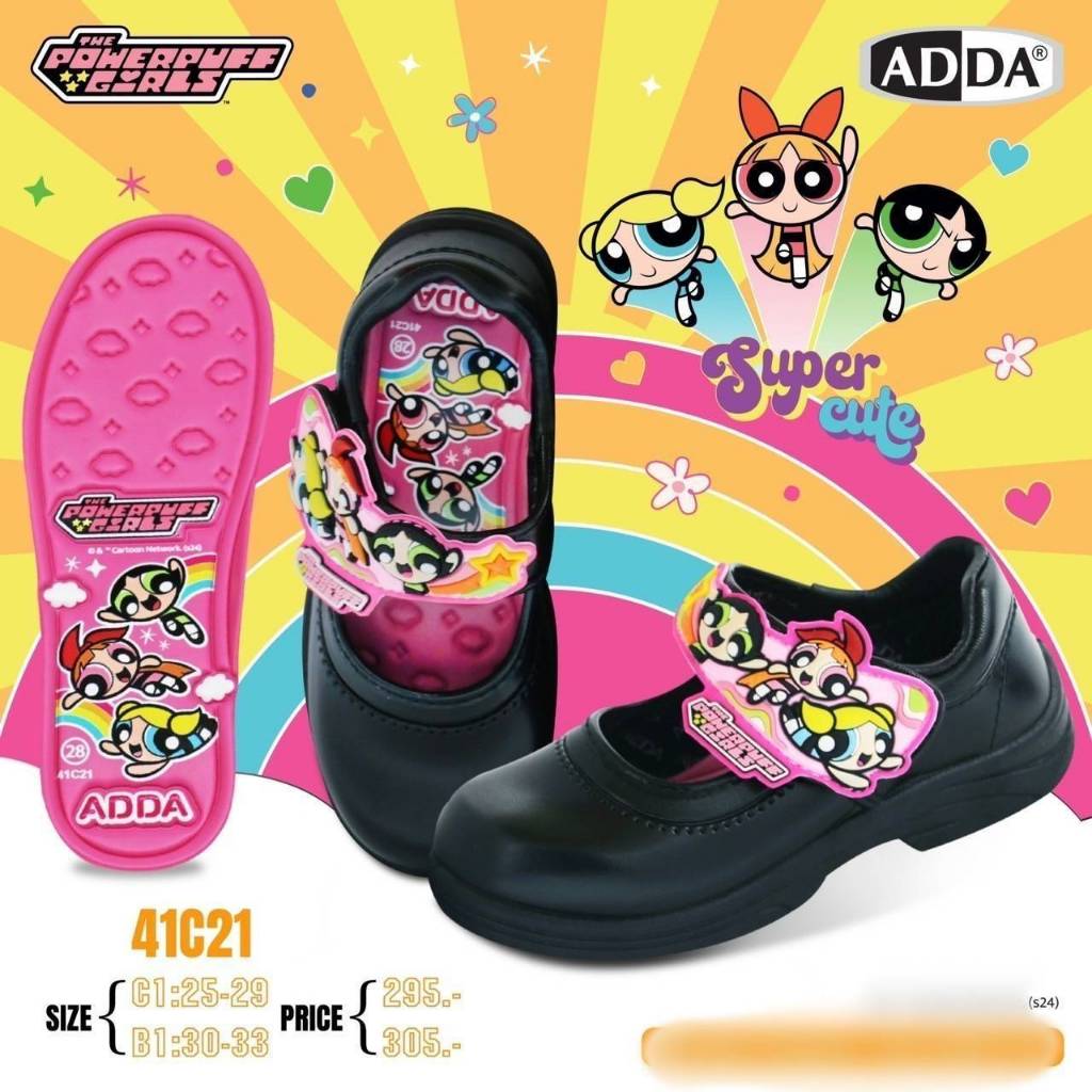 ADDA รุ่นใหม่ ปี 2025 ลายพาวเวอร์พัฟฟ์เกิร์ล รองเท้านักเรียนหญิง ดำ ผ้าใบ รุ่น41C21/41G1A