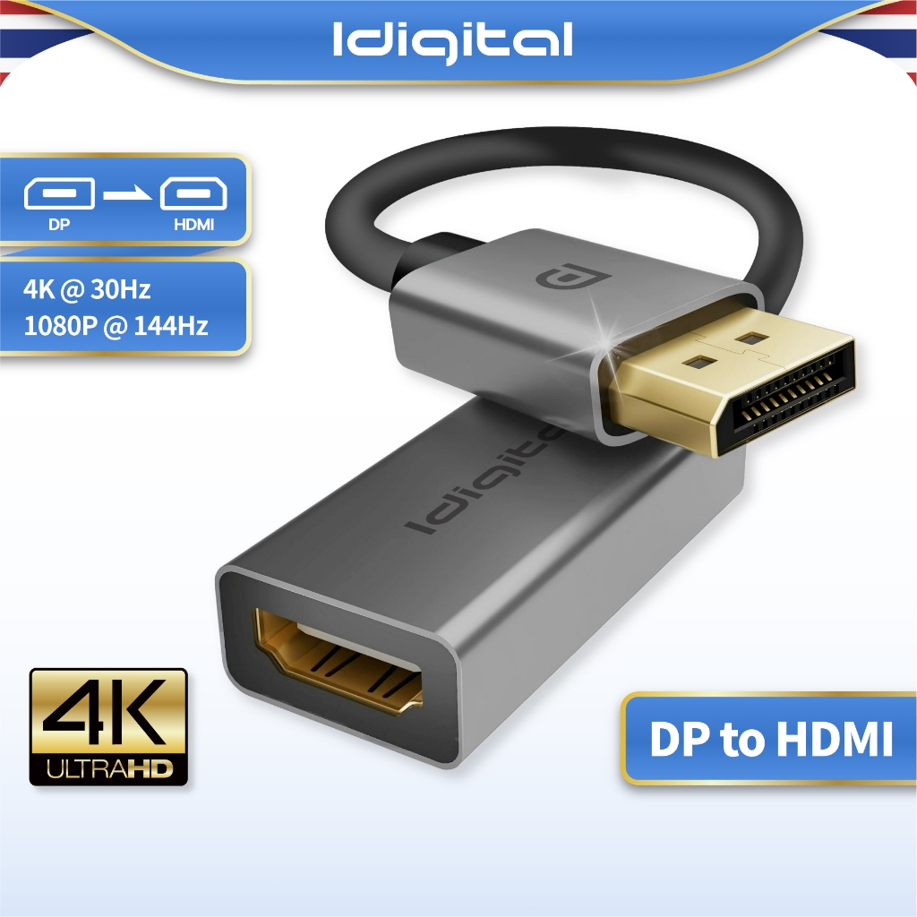 Idigital DP to HDMI Adapter Converter, 4K 30Hz, 1080p 144Hz, สำหรับ PC, แล็ปท็อป, โปรเจคเตอร์, ส่งจา