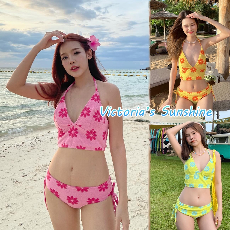 พร้อมส่งในไทย ชุดว่ายน้ำ bikini ชุดบิกินี่ ทูพีช ผู้หญิง สาวอวบ น่ารัก ลายดอกไม้ มีฟองน้ำ#0555