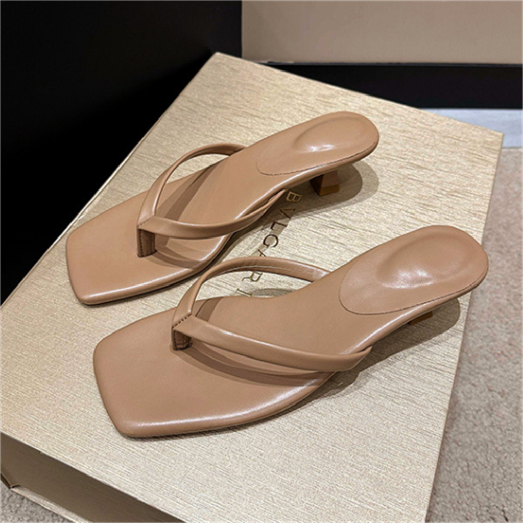 ขนาด 35-42 หนังนุ่มหัวสแควร์รองเท้าส้นสูงคลิปเท้ารองเท้าแตะผู้หญิงด้านนอกสวมรองเท้าแตะส้นเล็ก - รูปที่ 7