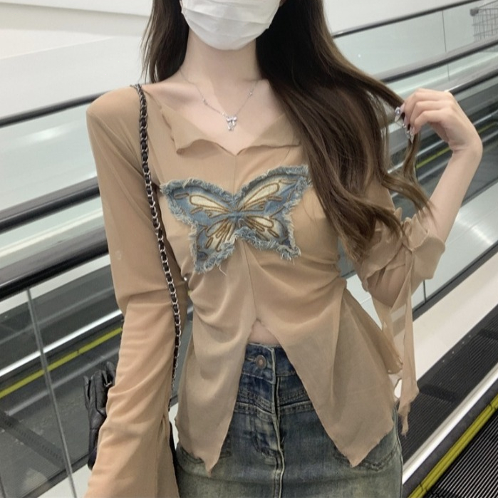 กรีดครีมกันแดดแขนยาวเสื้อยืดผู้หญิงฤดูใบไม้ร่วง 2024 ใหม่เอวบางเสื้อด้านบน