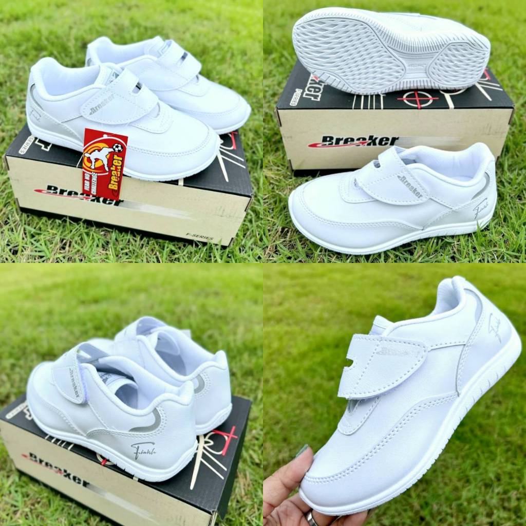 ืNew รองเท้าพละแบบหนัง สายติดเทป Breaker รุ่น GGA-FN01-S/M (Sz.31-41) สีขาว