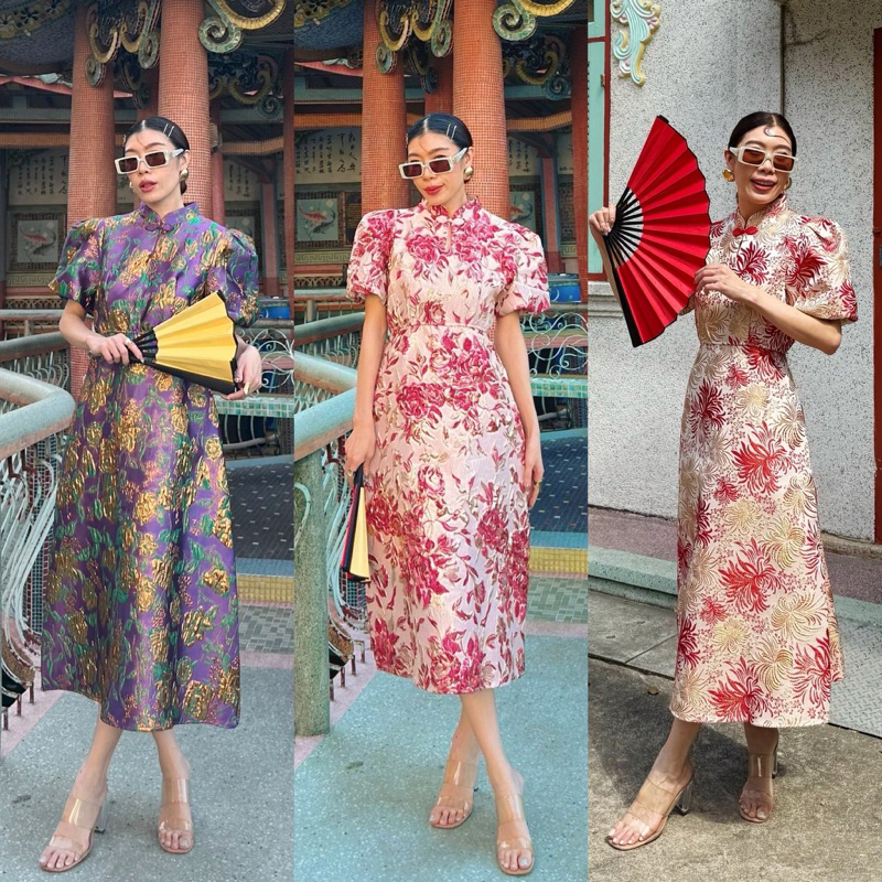 #9919-4 x2 CHINESE DRESS PUFF SLEEVES ROSE เดรสกี่เพ้า ชุดกี่เพ้า ชุดตรุษจีน รับอังเปา สีแดง