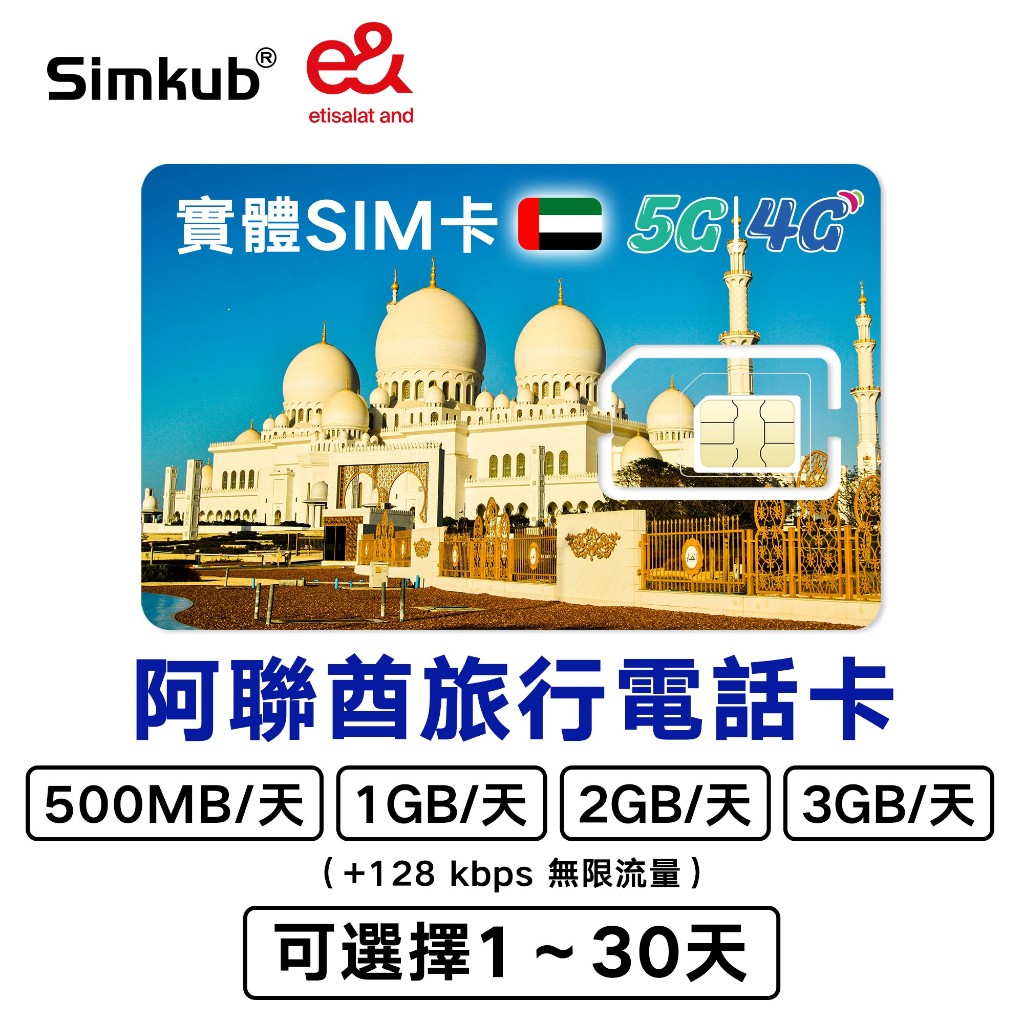 UAE SIM ซิมท่องเที่ยวสหรัฐอาหรับเอมิเรตส์ 5G/4G อินเทอร์เน็ต 500MB-3GB/วัน เลือกได้ 1-30วัน ฟรีเข็มถาดซิม
