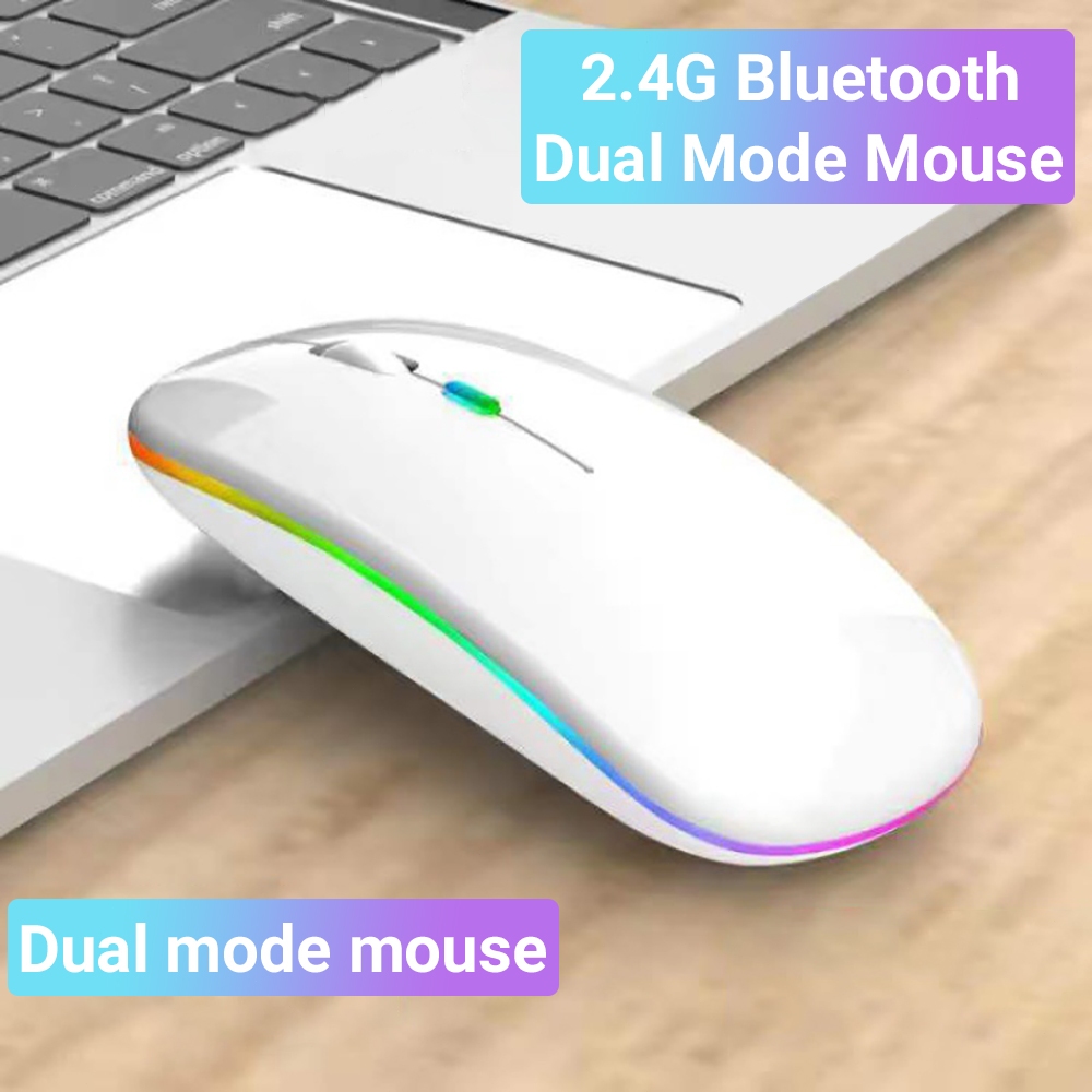 เมาส์บลูทูธไร้สาย เมาส์โน้ตบุ๊กแบบบางเงียบพร้อมไฟ LED โหมดคู่ พกพาได้ (BT5.1 + ตัวรับ USB) เมาส์คอมพิวเตอร์โหมดคู่