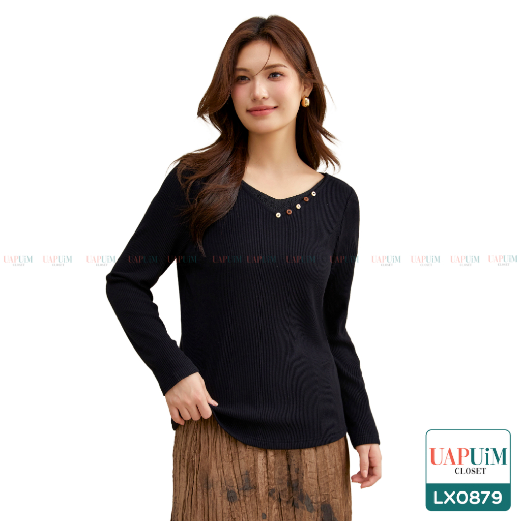 (LX0879)เสื้อแขนยาวสาวอวบเสื้อคอวีสุดชิค สไตล์มินิมอล กับดีไซน์แขนยาวกำลังดี