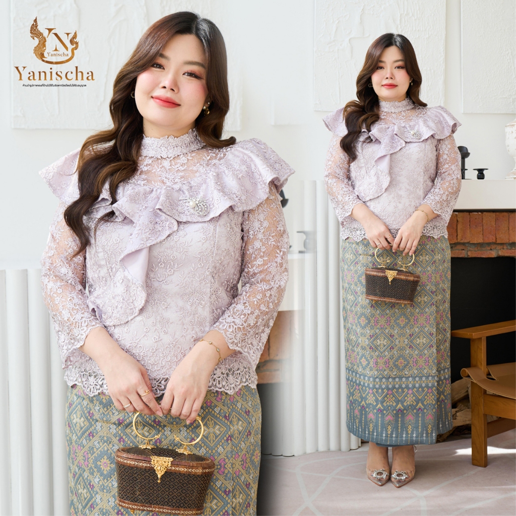 ชุดร้านญาณิศชา ผ้าไทย ชุดไทย ชุดสาวอวบ เสื้อลูกไม้ใยบวบฝรั่งเศษ ผ้าฝ้ายแพรวากาฬสินธุ์ - ชุดออกงาน ไปวัด ทำบุญ