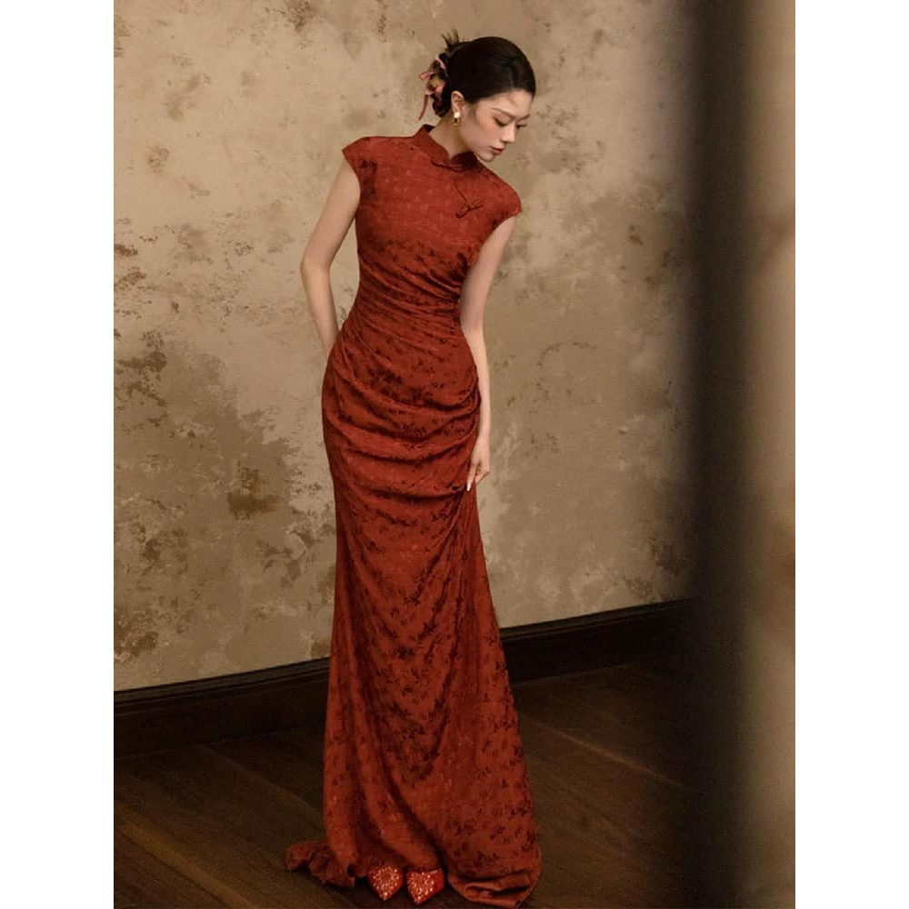 Mogwany พร้อมส่ง Vivian Cheongsam Dress*งานตัดร้าน* เดรสกี่เพ้าสีแดงยาว ทรงสวยมาก ผ้าดีใส่สบาย ใส่ช่วงตรุษจีน สวยมากๆค่า