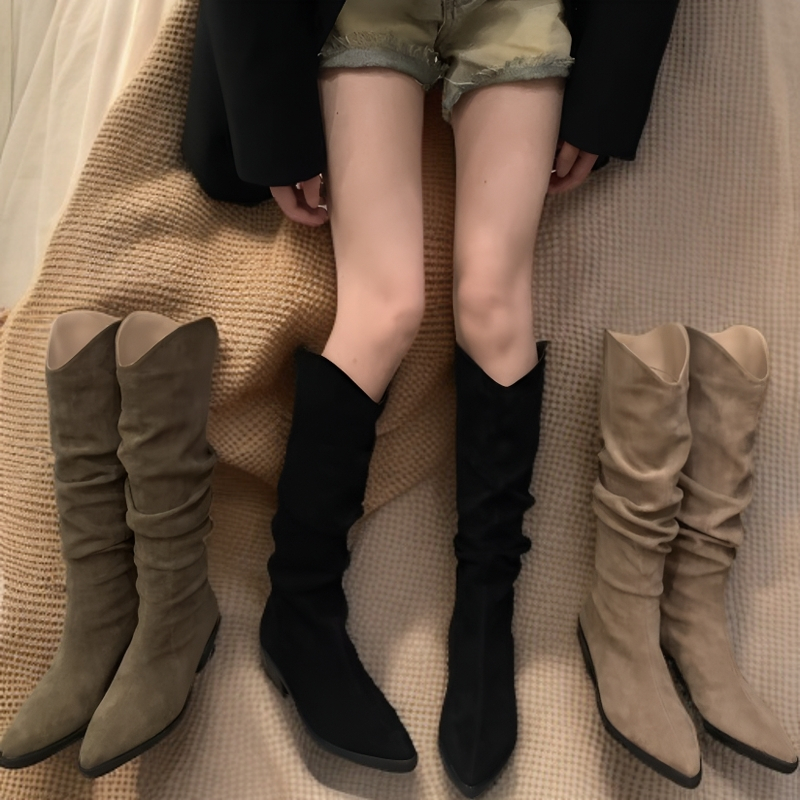 [จัดส่งในประเทศไทย] ฤดูหนาวหนังนิ่มสูงทรงกระบอกแฟชั่นบู๊ทส์PUเกาหลีผูกแขนยืดระบายอากาศอบอุ่นลื่นสูงทรงกระบอกอัศวินบู๊ทส์