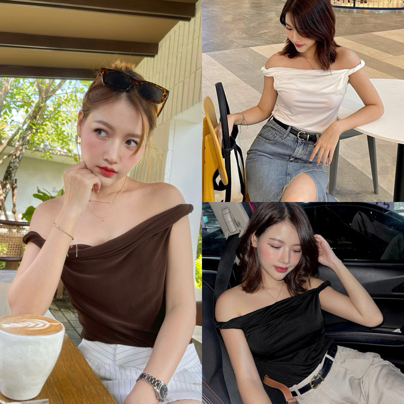 M22- เสื้อปาดไหล่สายเดี่ยวแขนม้วน ทรงเก๋มาก