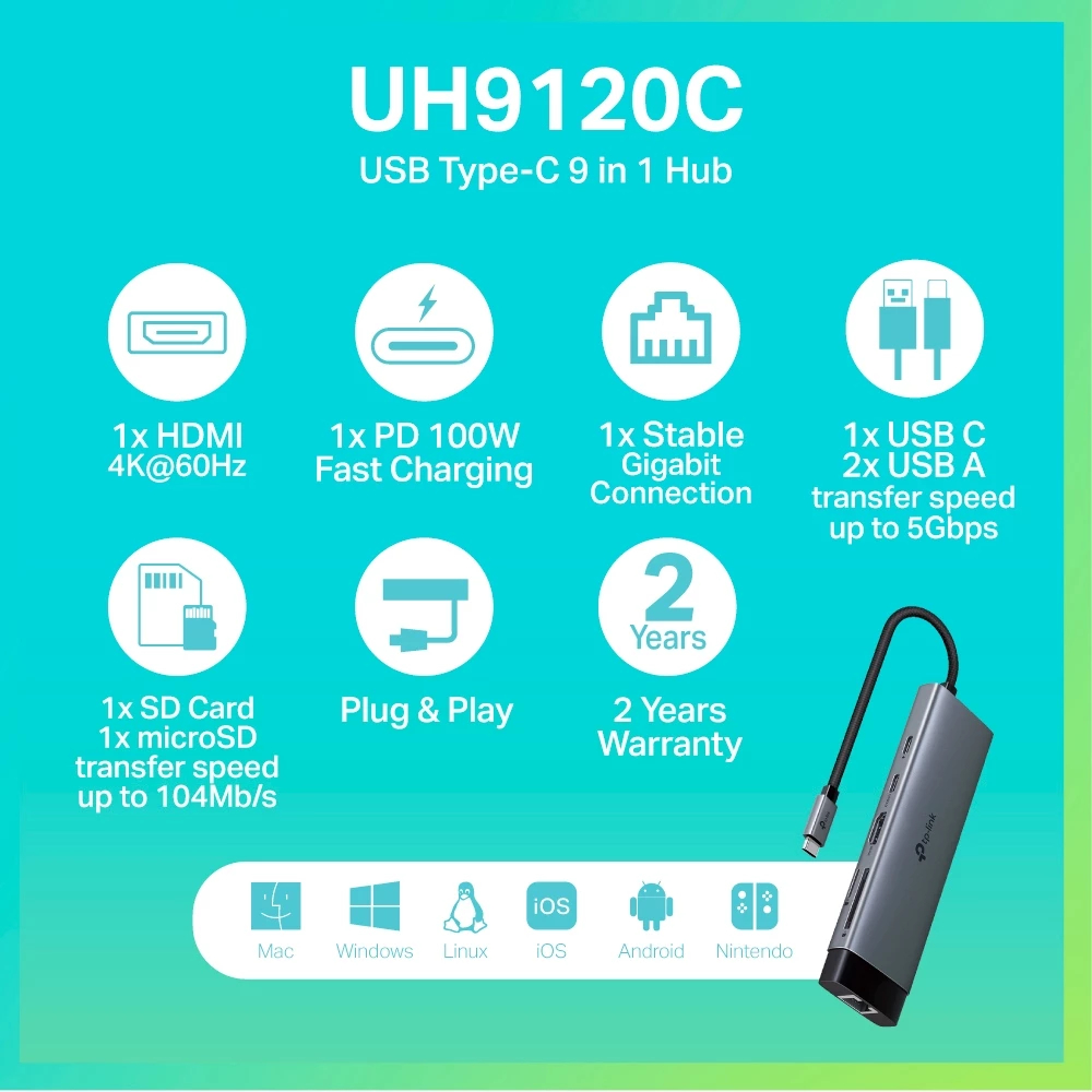 TP-Link UH9120C ฮับยูเอสบี USB Type-C 9 in 1 Hub พอร์ตเดียวรองรับการใช้งานได้ 9 พอร์ต ต่อจอเสริมผ่านพอร์ต HDMI ระดับ 4K