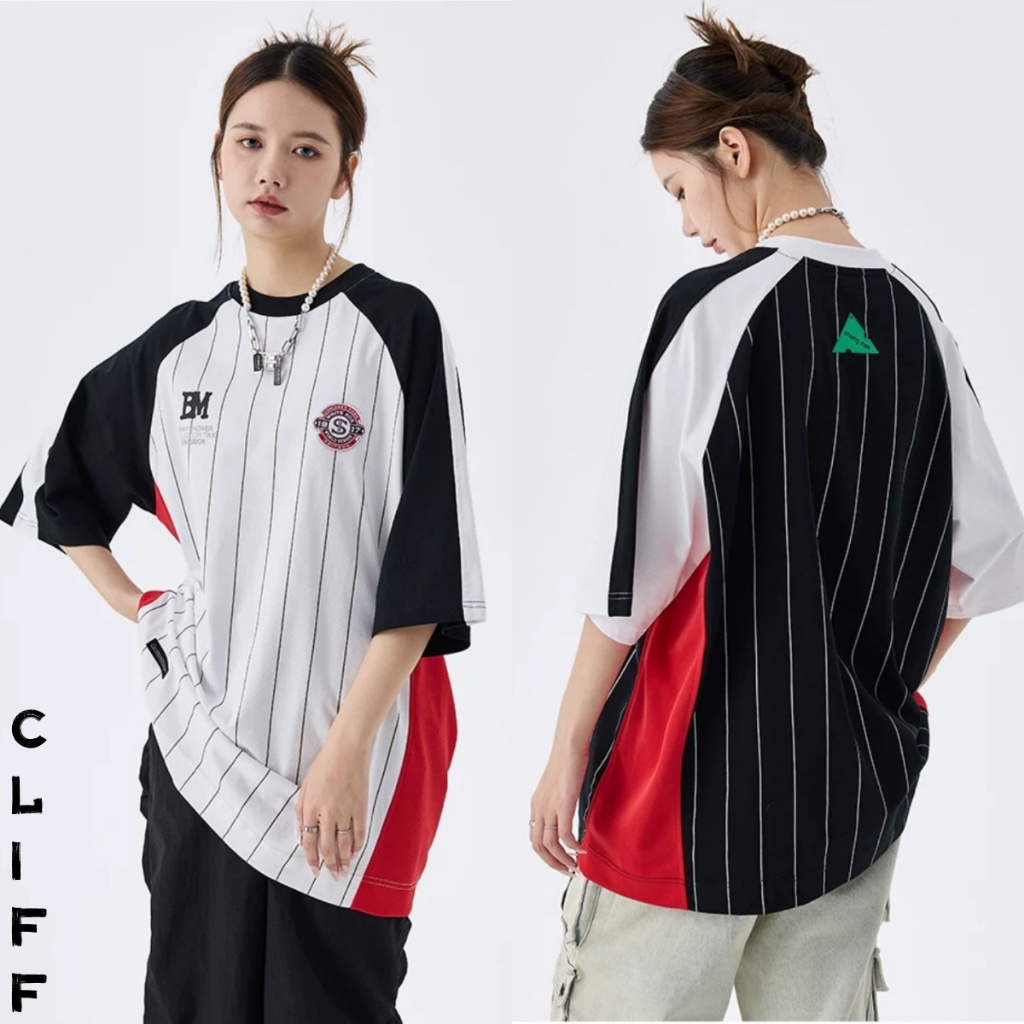 CLIFF แขนสั้นผู้ชาย สไตล์อเมริกันวินเทจ ลายทาง สีต่อ oversize