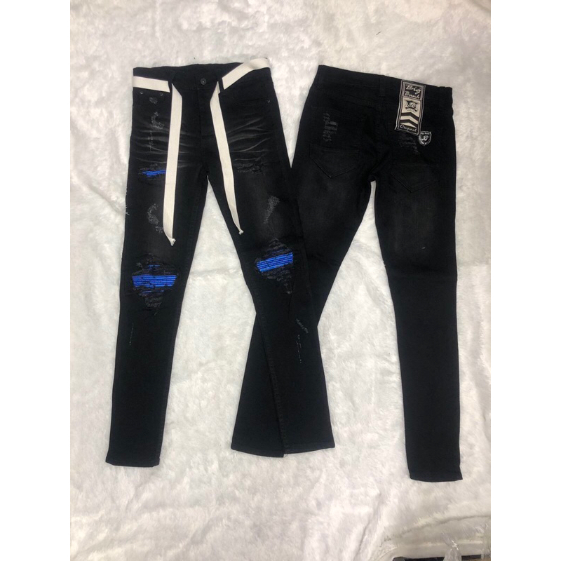 กางเกงยีนส์ผ้ายืดปักหนังน้ำเงิน