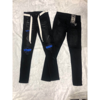 กางเกงยีนส์ผ้ายืดปักหนังน้ำเงิน