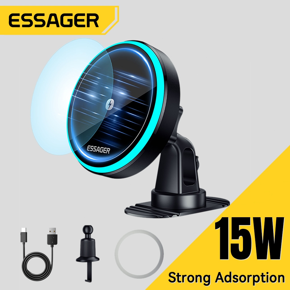 Essager 15W Car Magnetic Wireless Charger ขาตั้งมือถือ RBG สำหรับชาร์จโทรศัพท์มือถือแบบไร้สาย
