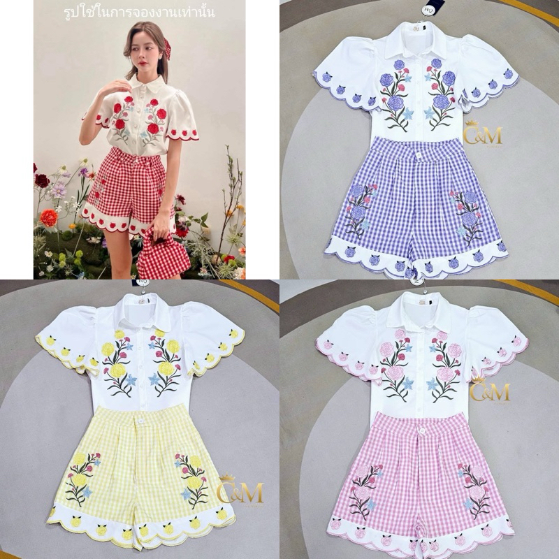 (sale เอวหน้าผ้าเล็ก 1นิ้ว จับตึงตรงไซส์)ชุดเซตกางเกงขาสั้น เสื้อแขนสั้น+กางเกงขาสั้น งานปัก ลายกุหลาบ สีแดง งานป้าย c&m