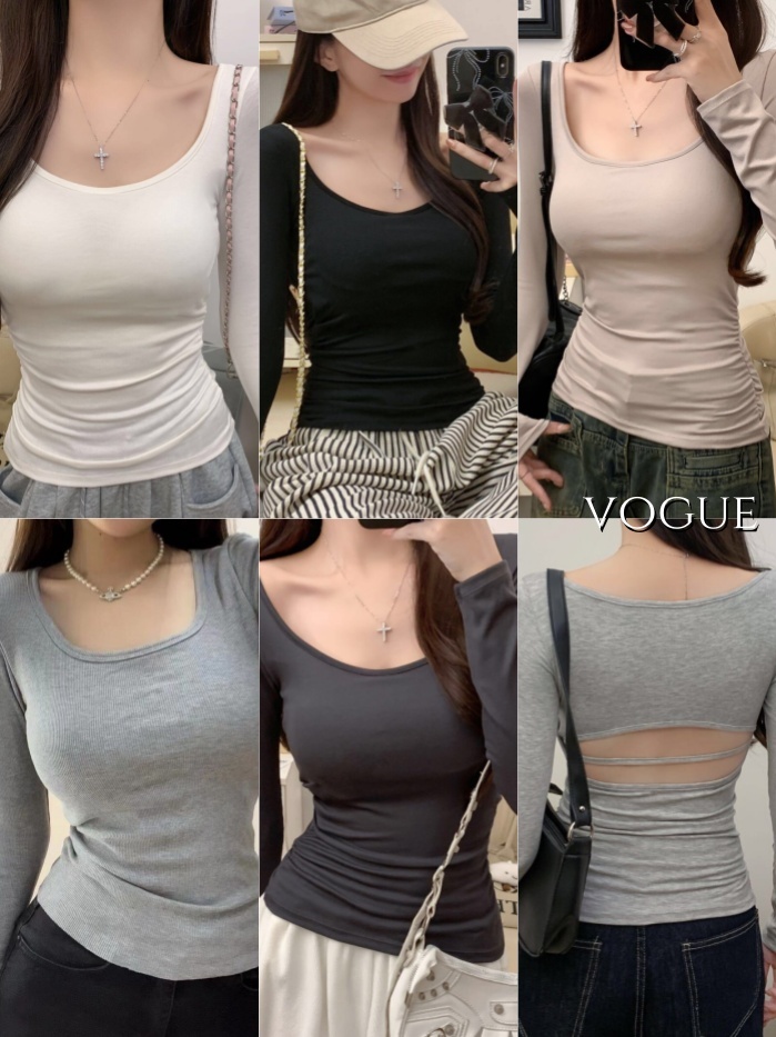 Vogue🌟พร้อมส่ง🌟 เสื้อยืดแขนยาวคอยู เสื้อคอต่ำแขนยาวสีทึบ ยาวคอเหลี่ยม เวอร์ชั่นเกาหลีดูเพรียวขึ้น (F