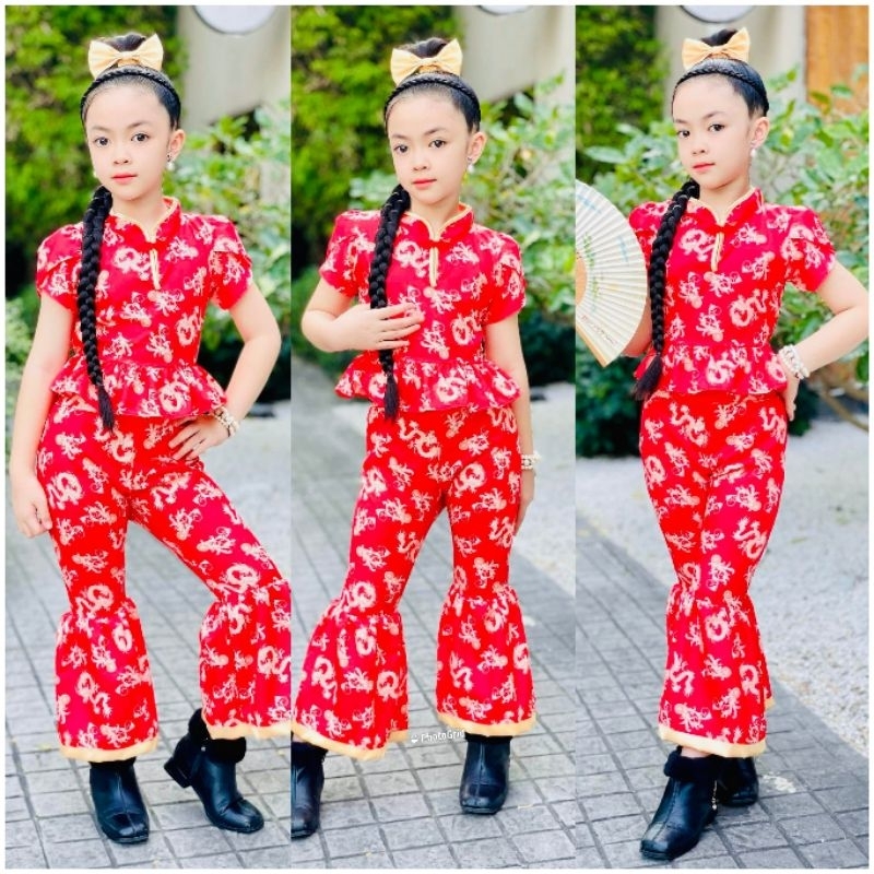 ชุดเซ็ตกี่เพ้าตรุษจีนเด็กผู้หญิงพร้อมส่งในไทย#kaew