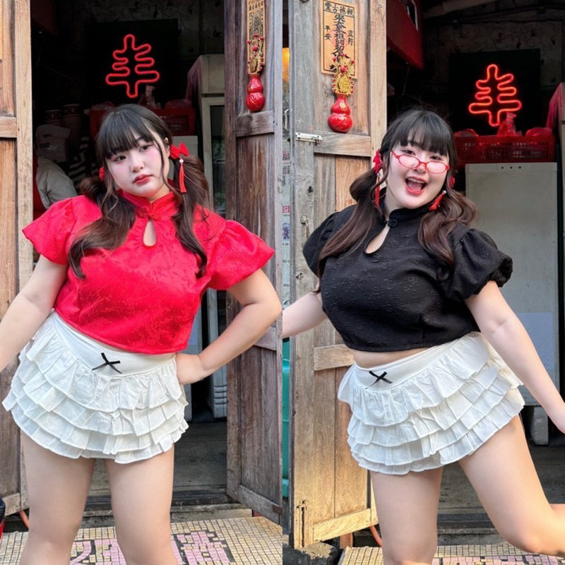 /WP/ เสื้อตรุษจีน สาวอวบ ผ้านูน ตีเกร็ดเข้ารูป #เสื้อผ้าไซส์ใหญ่ สาว อ้วน พลัสไซส์