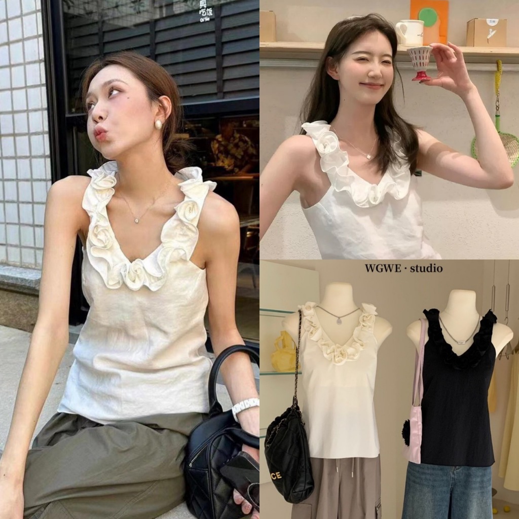 W3096 เสื้อแขนกุด แต่งช่วงคอ ทรงเกาหลี ทรงน่ารัก แฟชั่นเกาหลี TAG WG.WE