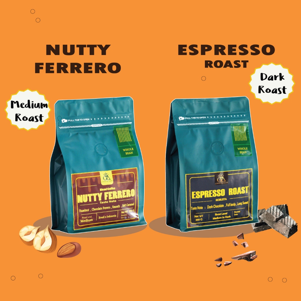(จับคู่ประหยัดขึ้น) Nutty Ferrero กาแฟ คั่วกลาง , Espresso Roast กาแฟ คั่วกลางค่อนเข้ม  ขนาด 250gx2