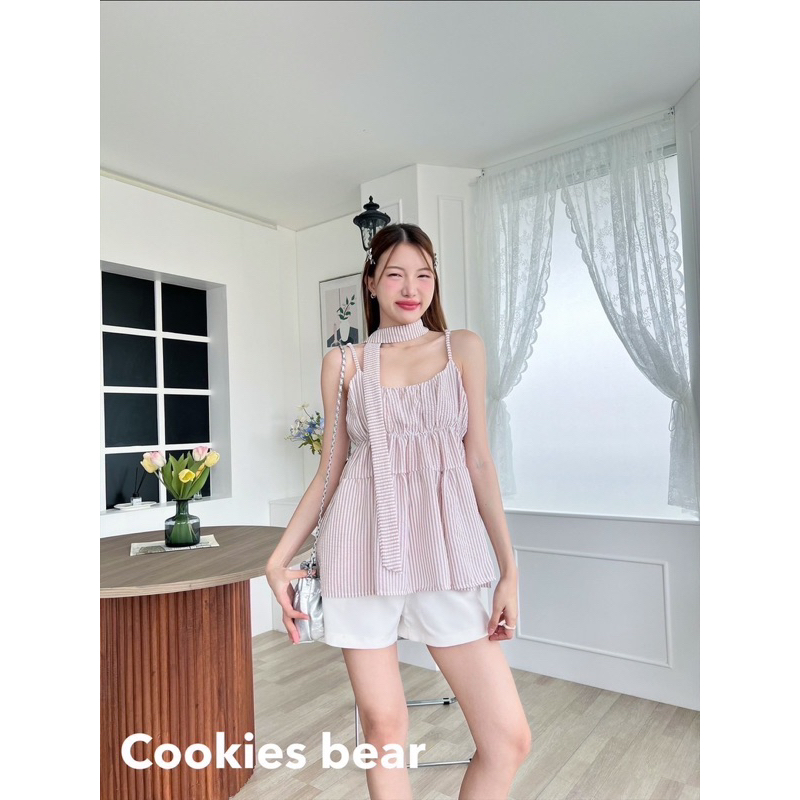 🩵 Nano Top ชุดเซตเสื้อแขนตุ๊กตา+สายเดี่ยวลายริ้ว+สายพันคอ - รูปที่ 3