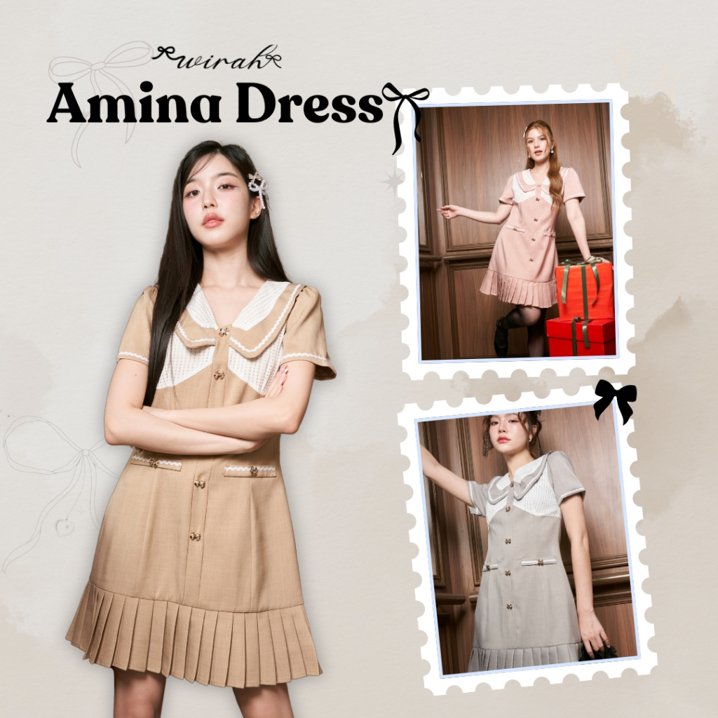 Amina Dress : DW13 ชุดเดรสผ้าพื้น Poly Viscose คอวีปกบัวดีไซน์แบบใหม่