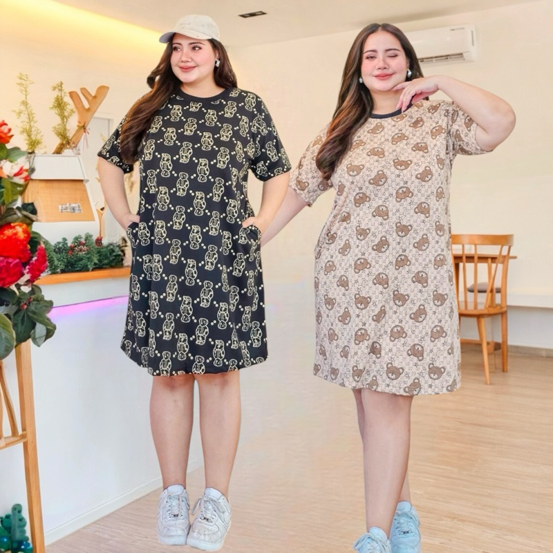 มินิเดรสคอกลม ทรงเอ มึกระเป๋าข้าง ผ้ายืดพิมพ์ลาย น้องหมี 2 สี 40"-60"(กรุณาอ่านไซส์ในรายละเอียดก่อนสั่งซื้อ)