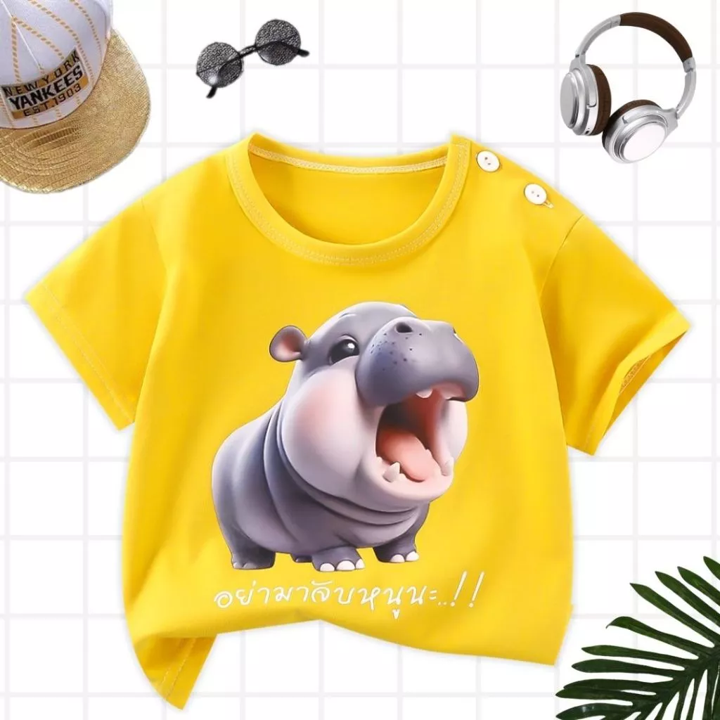 เสื้อยืดแขนสั้นเด็กสกรีนลายหมูเด้ง ผ้าฝ้ายผสมโพลีเอสเตอร์ เนื้อผ้านุ่ม สวมใส่สบาย เหมาะกับหน้าร้อน ** พร้อมส่งในไทย **