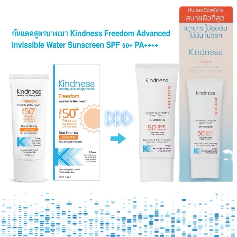 กันแดดสูตรน้ำ Kindness Freedom เบาสบายดุจน้ำ Invincible Water Fresh SPF50+ PA++++ 30ml