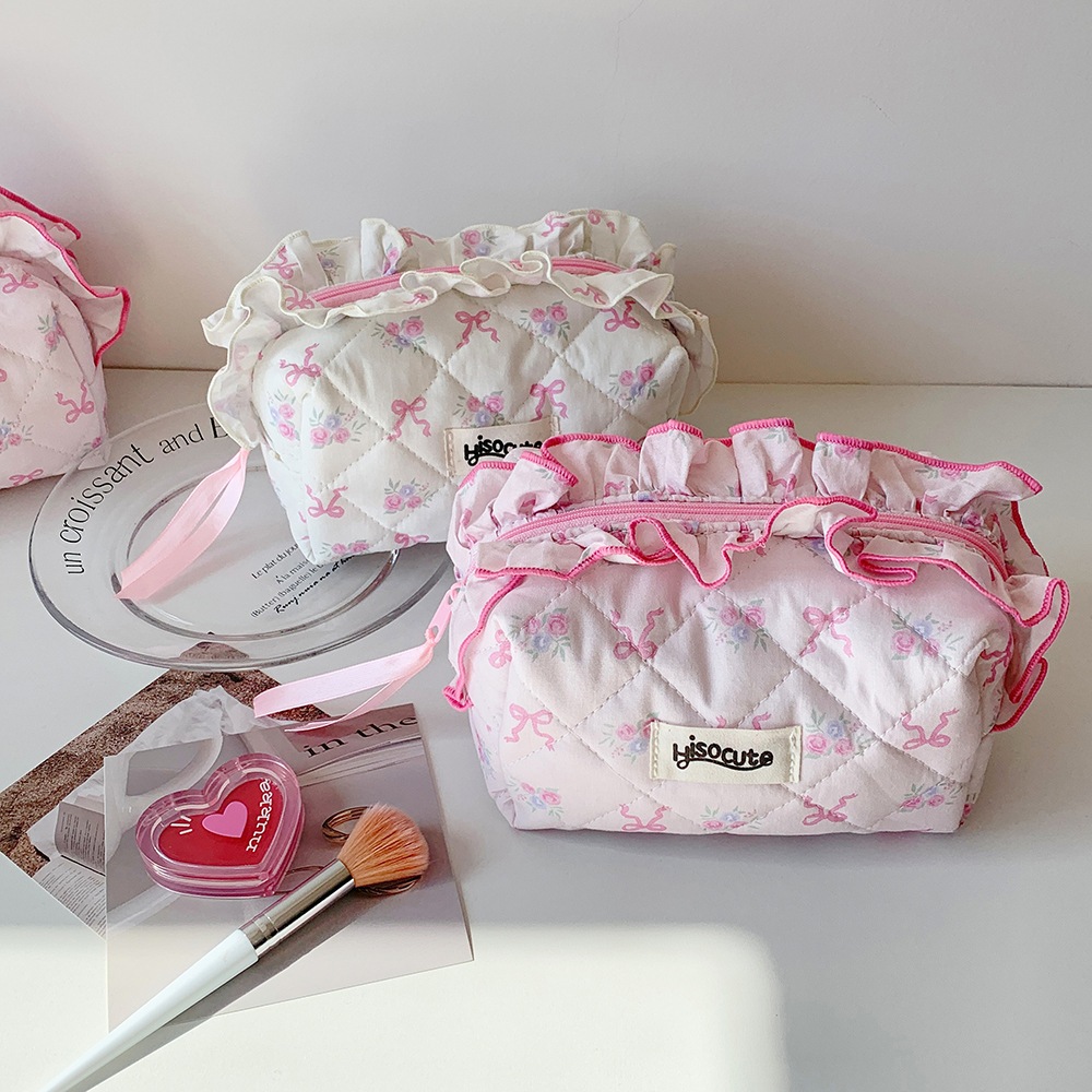 พร้อมส่ง🇹🇭 A048 กระเป๋าเครื่องสำอาง ลูกไม้ผูกโบว์ ขนาดกลาง แบบพกพา สไตล์เกาหลีลายดอกไม้ประดับโบว์ กระเป๋าจัดระเบียบ