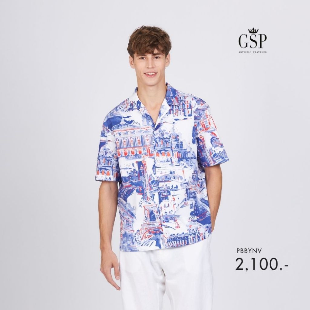 GSP ชุดเที่ยว ทะเล เสื้อเชิ๊ต ผู้ชาย ปกฮาวาย Postcard สีน้ำเงิน ขาว แดง PBBYNV