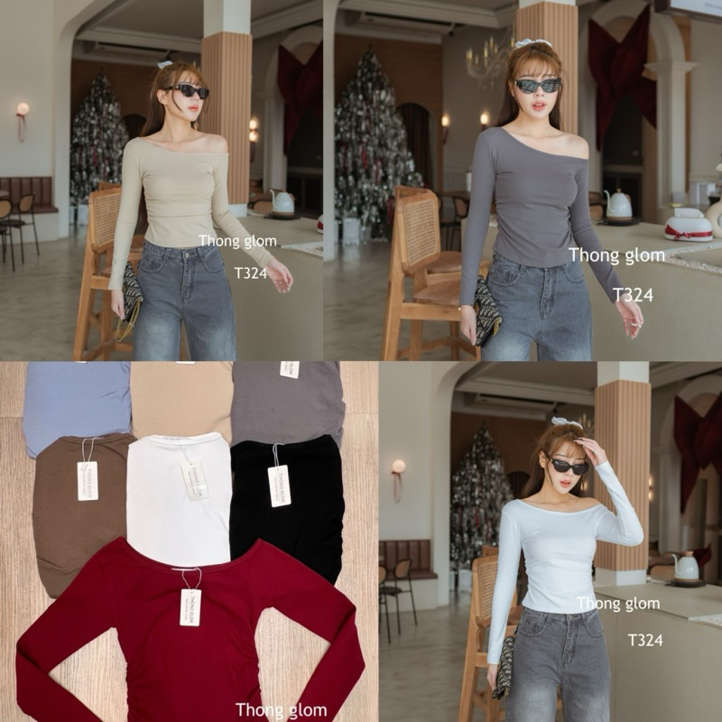 New arrival  เสื้อแขนยาวผ้ายูนิโคล่เนื้อพรีเมี่ยมหนา ทรงปาดไหล่ข้างดึงยางเอว – โปรปัง