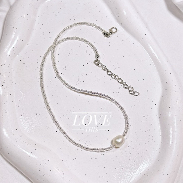 สร้อยคอ handmade ลูกปัดสีเงิน จี้ไข่มุกน้ำจืด