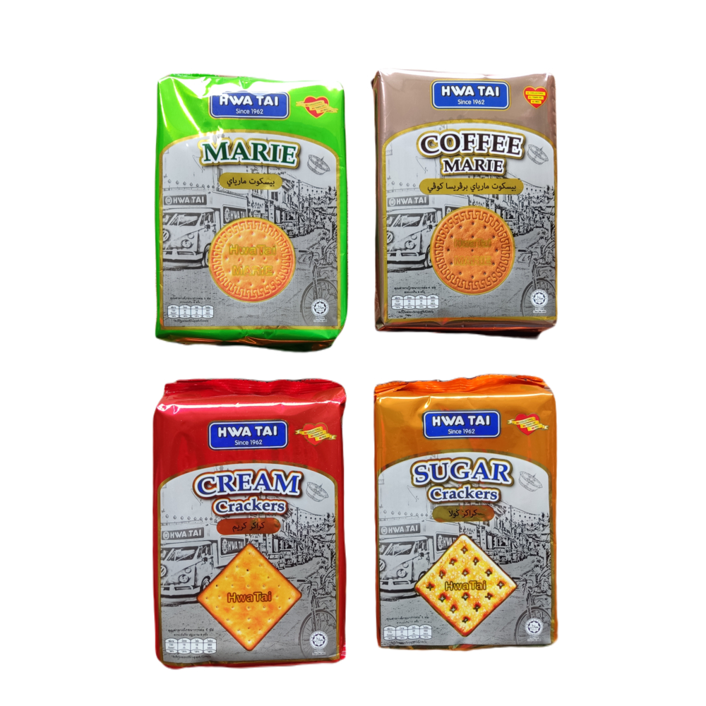 HWA TAI แครกเกอร์/บิสกิต รสน้ำตาล ครีม แมรี่ และกาแฟ ห่อ 165 กรัม สินค้าขายดี นำเข้าจากมาเลย์เซีย ฮาลาล