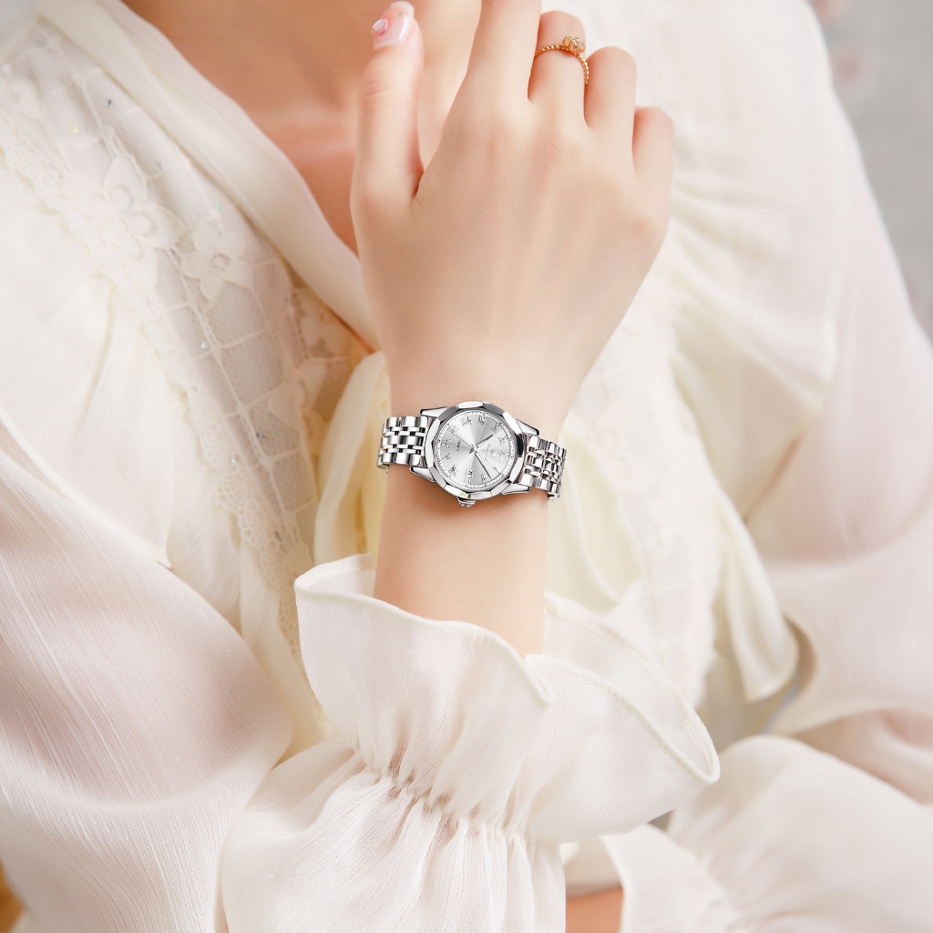 OLEVS นาฬิกาข้อมือผู้หญิง กันน้ำ 100% แท้ แฟชั่น แบรนด์เนม เล็ก สแตนเลส นาฬิกาควอตซ์ เรืองแสงปฏิทิน ทอง สีขาว นาฬิกาหญิง
