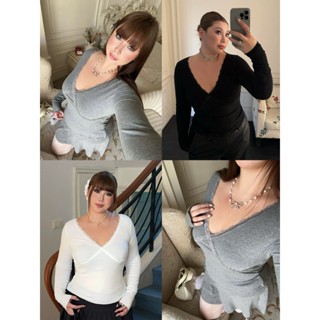 CiCi Plus+(H93337) เสื้อแขนยาวผ้าเรยอนแต่งขอบลูกไม้ คอวี สไต…