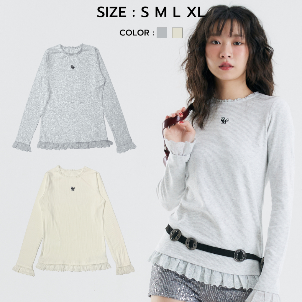 Bemingtop821(S-XL)-Airi long sleeve เสื้อไหมพรมแขนยาวดีไซน์น่ารัก ตกแต่งขอบคอด้วยระบาย