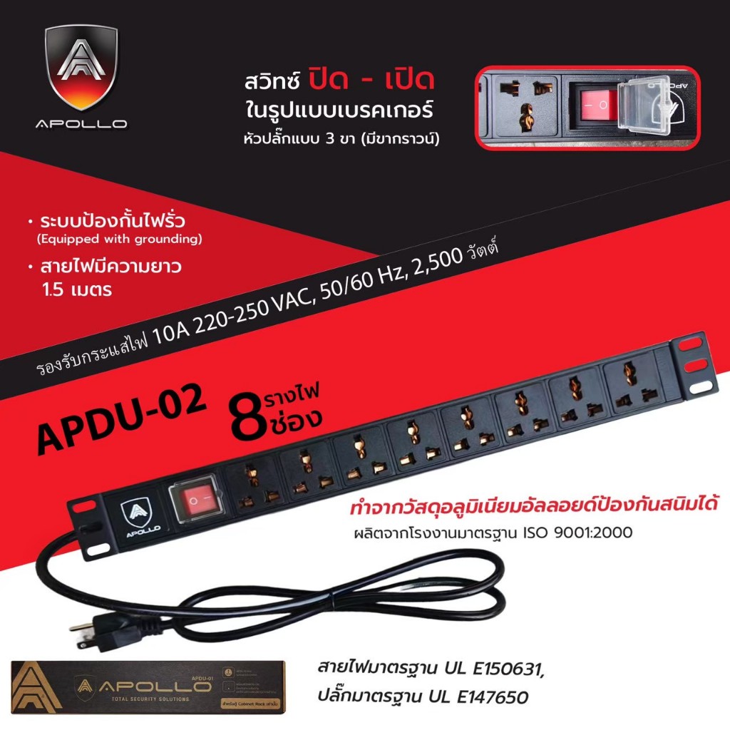 Apollo ปลั๊กไฟตู้Rack PDU 8ช่อง รุ่น APDU-02 สำหรับตู้ Cabinet Rack 19นิ้ว มีระบบป้องกันไฟรั่ว