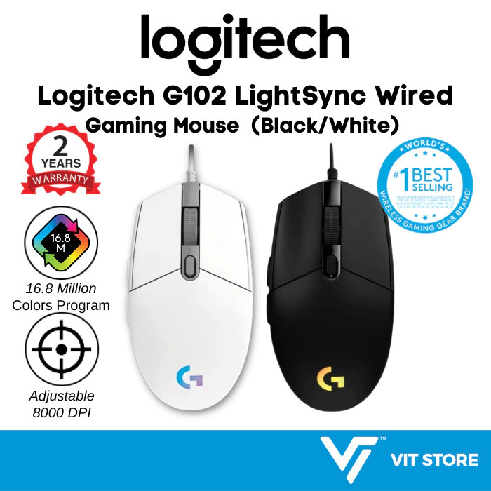 Logitech G102 Optical Wired USB Gaming Mouse Light Sync (Black / White) 8k DPI Customize RGB 6 Programmable Buttons