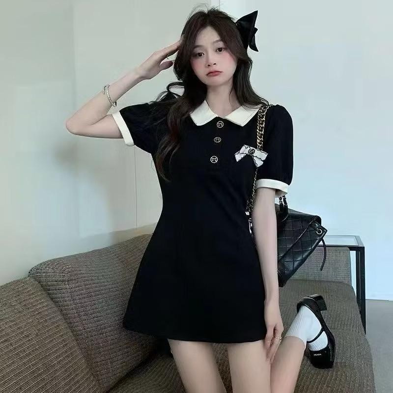 ER SKIRT ดำเดรสคอโปโล การออกเดทสไตล์หวาน(ไซต์ M)