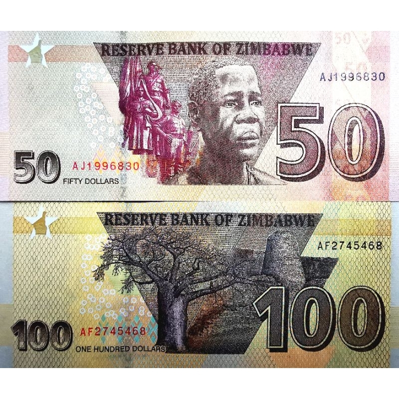 แบงก์​ซิมบับเว​ Zimbabwe,​ ชุด​เล็ก​ 50,100 Dollar,​ ไม่​ผ่าน​ใช้​ UNC,​ B1147