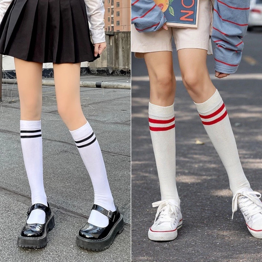 ⭐ส่งใน24ชม🧦ถุงเท้ายาวถึงเข่า JK น่ารักสไตล์เกาหลี การออกแบบลายทาง วัสดุผ้าฝ้ายแท้