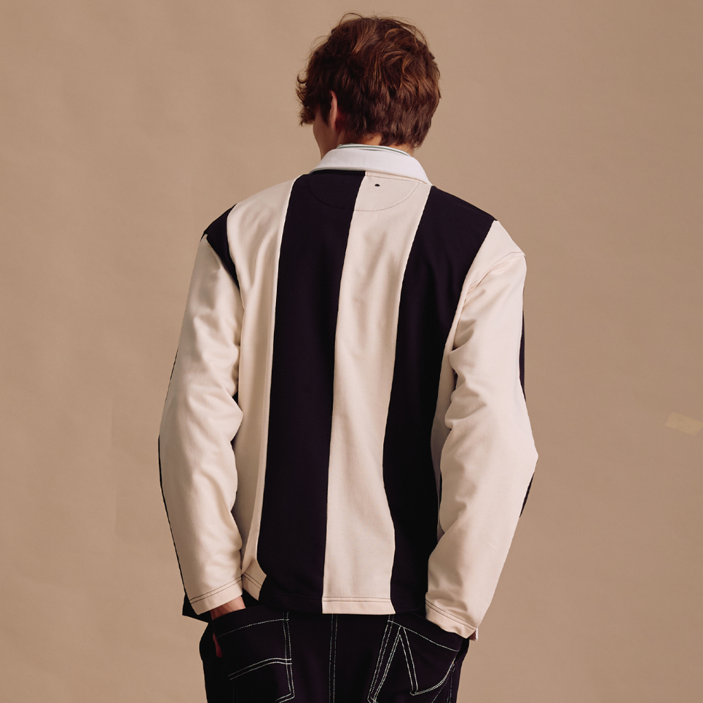 [MOO 1/25] Preppy Rugby Shirt เสื้อรักบี้ผู้ชายแขนยาว ผ้าเจอร์ซี่ คอปกโปโล ตัดต่อชิ้นคอปกและกระเป๋าหน้า แต่งกระดุมหน้า