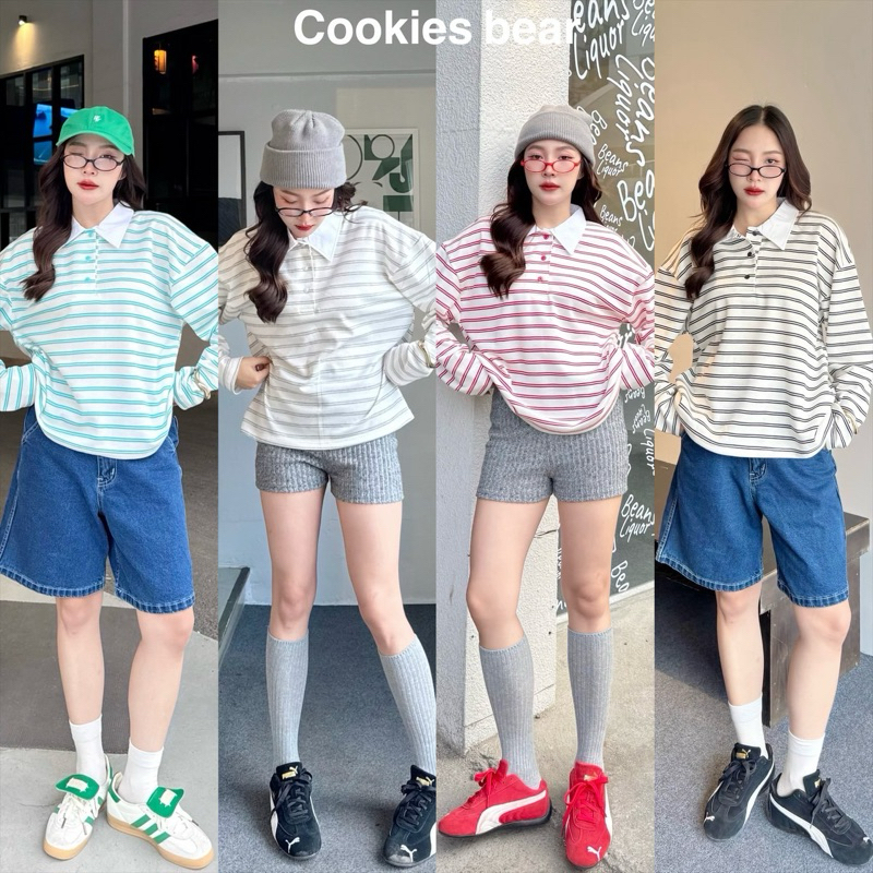 Mamildya.shop เสื้อเชิ้ตคอปกโปโลลายริ้ว เนื้อนิ่มๆ งานทรงโอเวอร์ไซส์/ B1-1/COOK-โปโล10