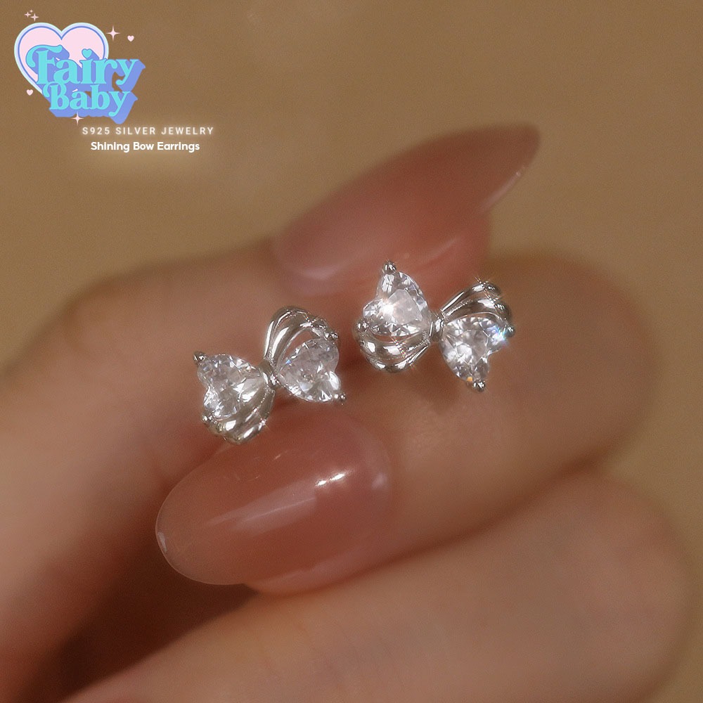 Fairybaby ต่างหู Shining Bow ต่างหู เรียบหรู น่ารัก รูปโบว์ ตุ้มหู ติดเพชร สีขาว สวยงาม (E2-114)