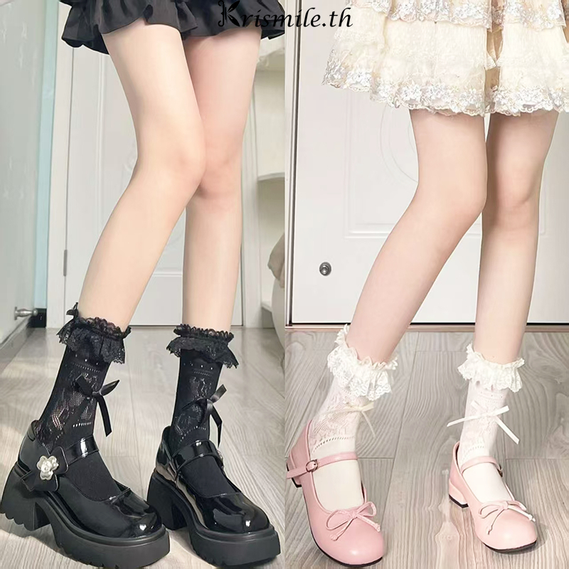 COD-ในไทย💖ถุงเท้าLolita ประดับโบว์ ลูกไม้ สไตล์เกาหลี นักเรียนสำหรับผู้หญิง ระบายอากาศได้ดี ความยืดห
