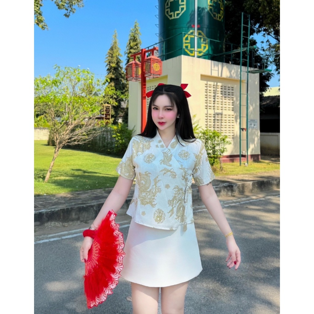 เสื้อตรุทจีนป้ายหน้าผูกข้างผ้าฝ้ายพิมพ์ลาย(ตรุทจีนลายมังกร)เสื้อมังกร