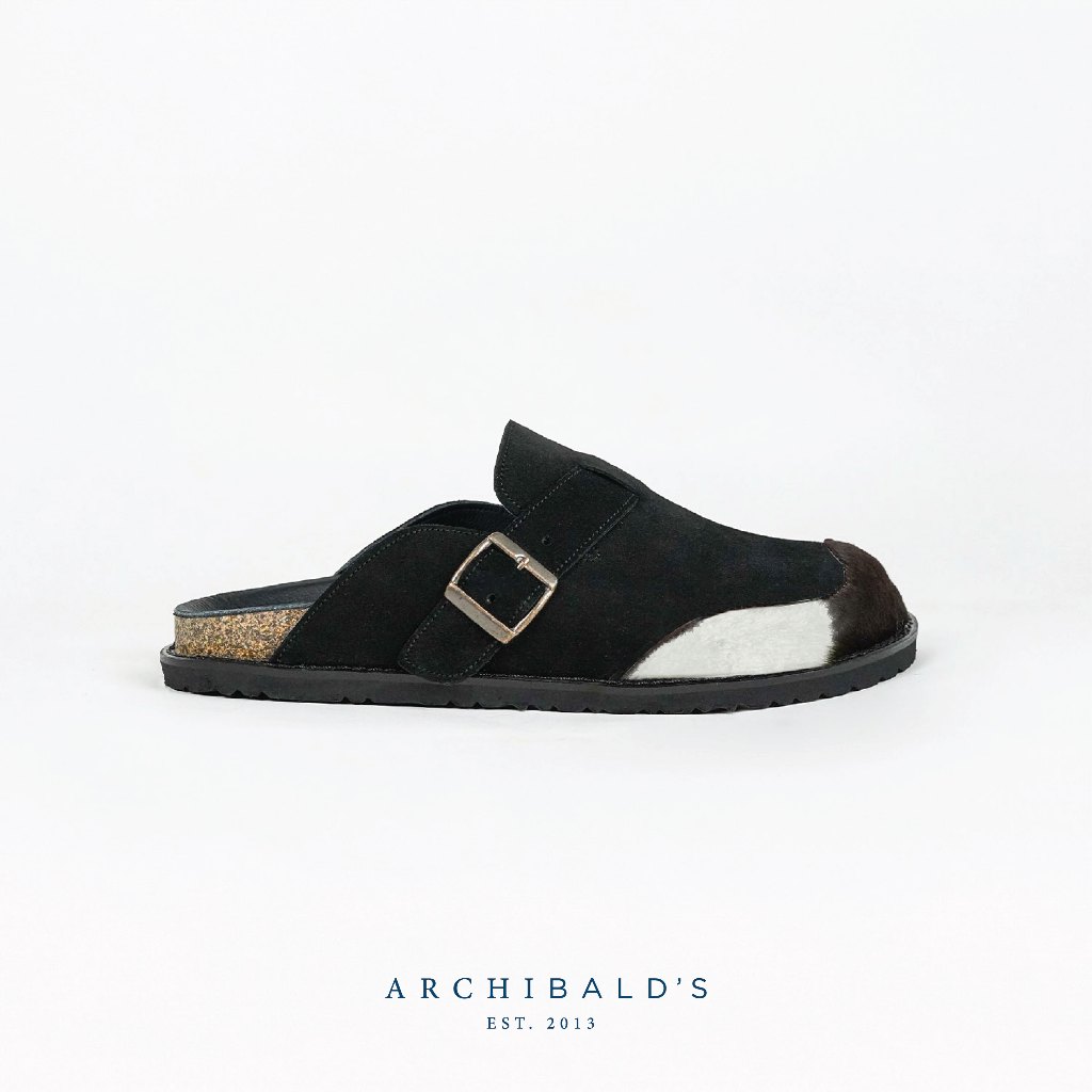 VinArch's Fur Mules in Suede Black รองเท้าทรงมูลส์ เปิดส้น หนังกลับสีดำ และหนังวัวมีขน