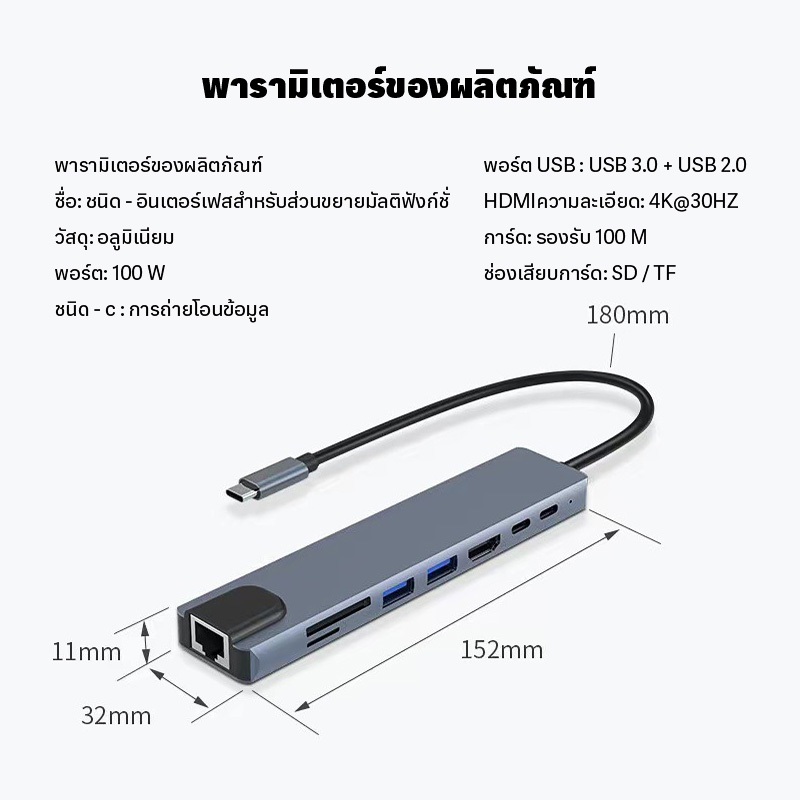 8-in-1 USB C HUB ประเภท C ถึงอะแดปเตอร์HDMI Type-C ถึงUSB 3.0 RJ45 เครื่องอ่านการ์ดPD สําหรับMacbook คอมพิวเตอร์โน้ตบุ๊ค